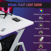 White Racing Style Gaming Computer Desk with RGB LED Lights - The House Office