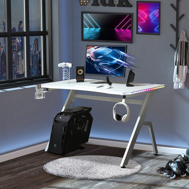 White Racing Style Gaming Computer Desk with RGB LED Lights