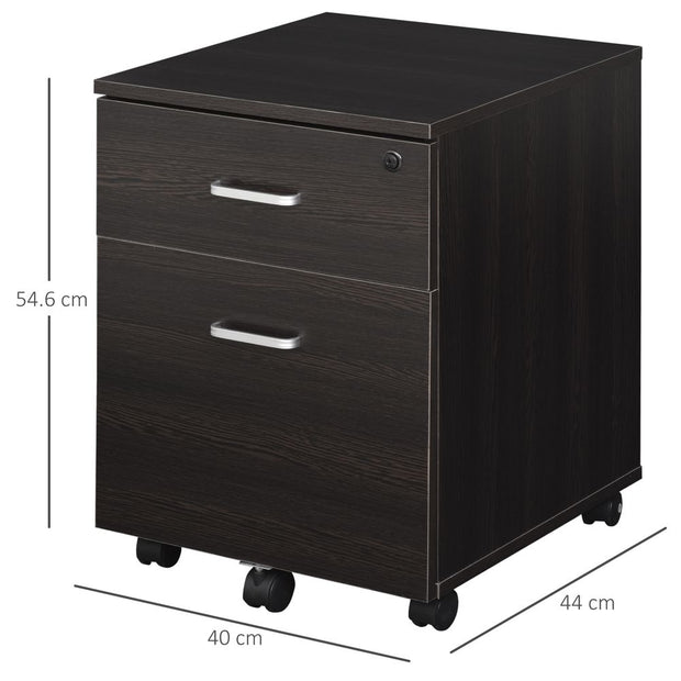Brown Two-Drawer Locking Office Storage Filing Cabinet with Five Rolling Wheels