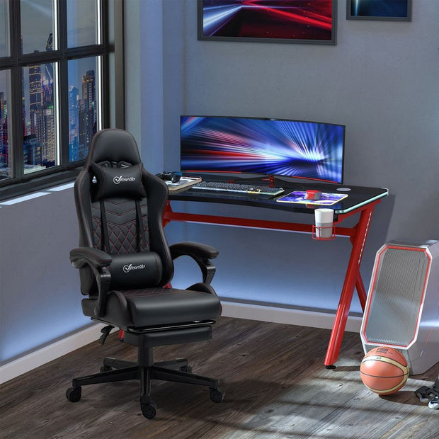 Black Racing Style Gaming Chair with Recliner and Manual Footrest - The House Office