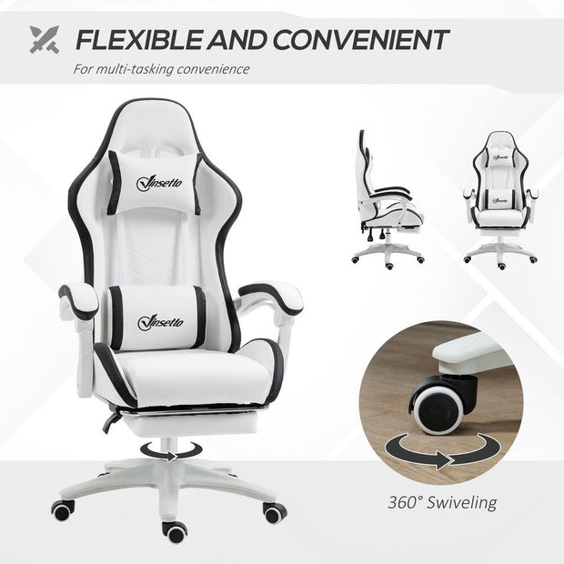 White Racing Style Gaming Chair with Recliner and Manual Footrest - The House Office